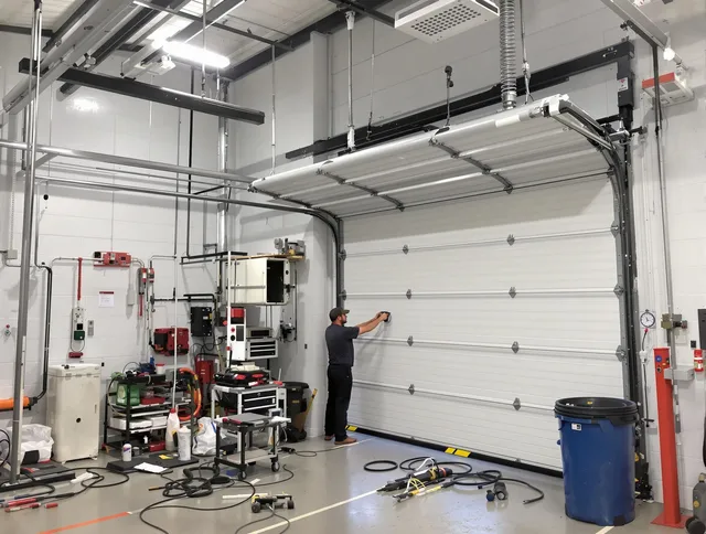 Colorado Springs Garage Door Repair certified technician performing commercial door repair at a Colorado Springs business facility