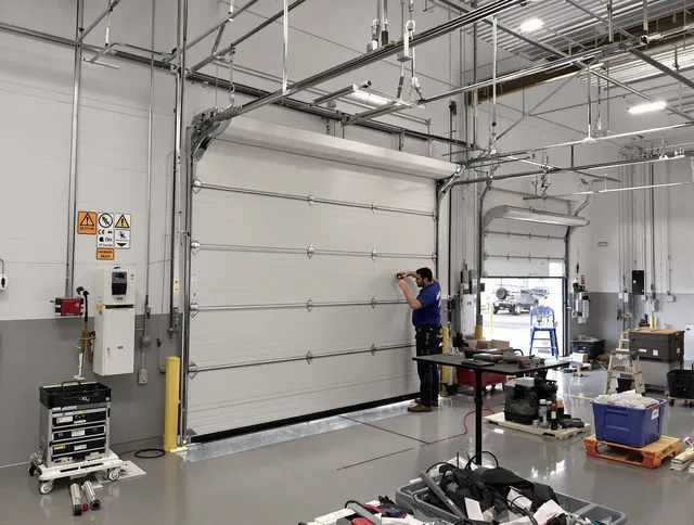 Commercial garage door repair being performed by Colorado Springs Garage Door Repair expert in Colorado Springs