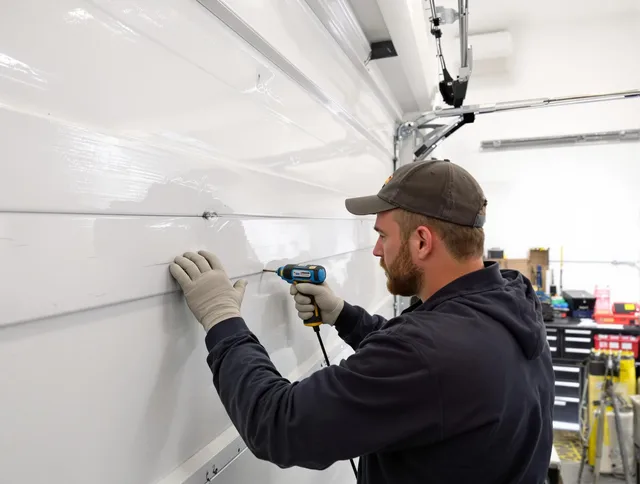 Colorado Springs Garage Door Repair technician demonstrating precision dent removal techniques on a Colorado Springs garage door