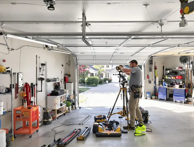 Colorado Springs Garage Door Repair specialist performing laser-guided track alignment in Colorado Springs